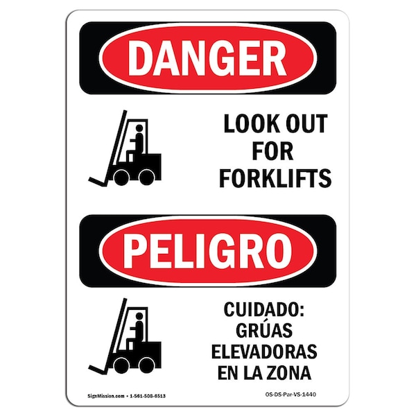 Safety Sign, OSHA Danger, 5" Height, Look Out For Forklifts Bilingual Spanish, 10PK